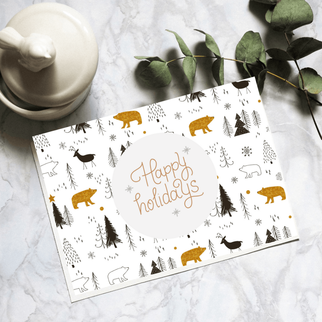 Happy Holidays Greeting Card with Trees and Polar Bear