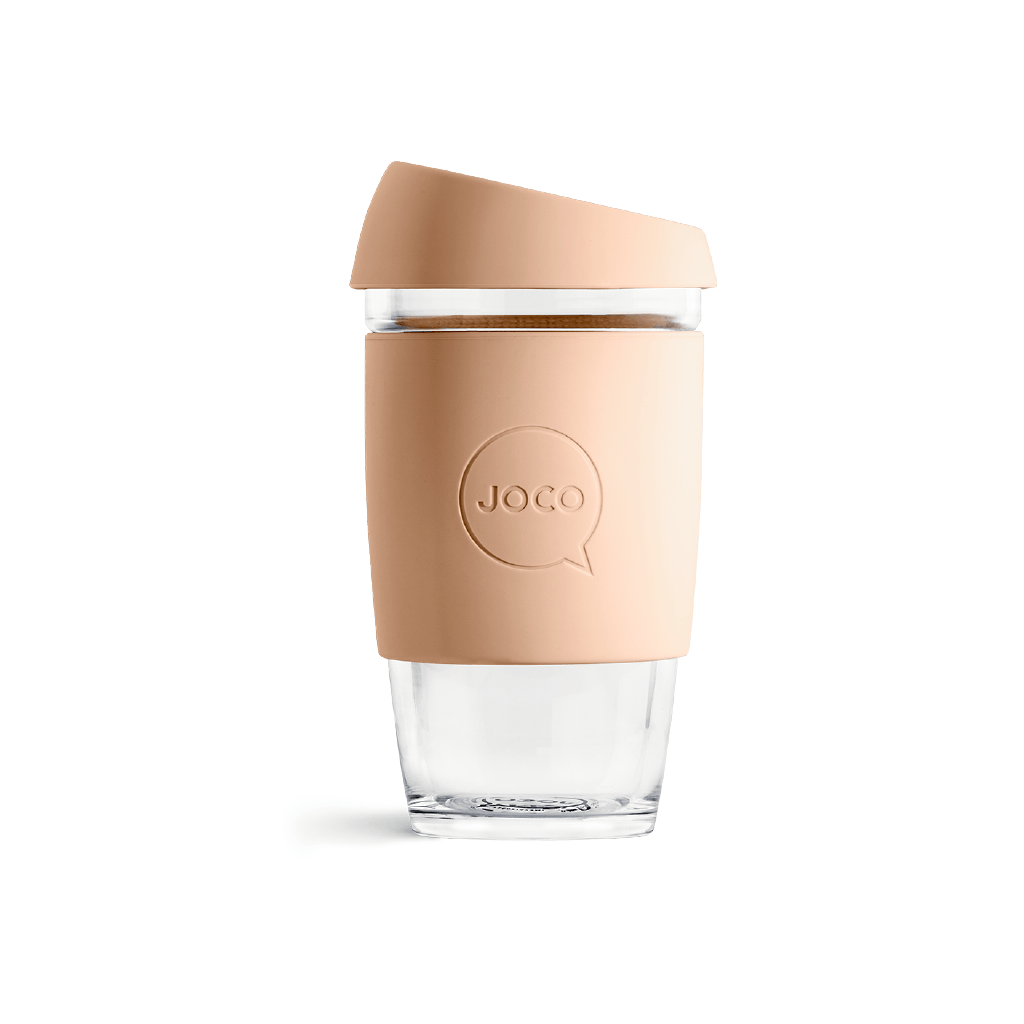 Glass blown reusable coffee cup Joco 16oz in Amberlight