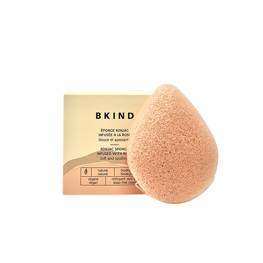Konjac Facial Sponge Rosewater in front of recyclable paper packaging
