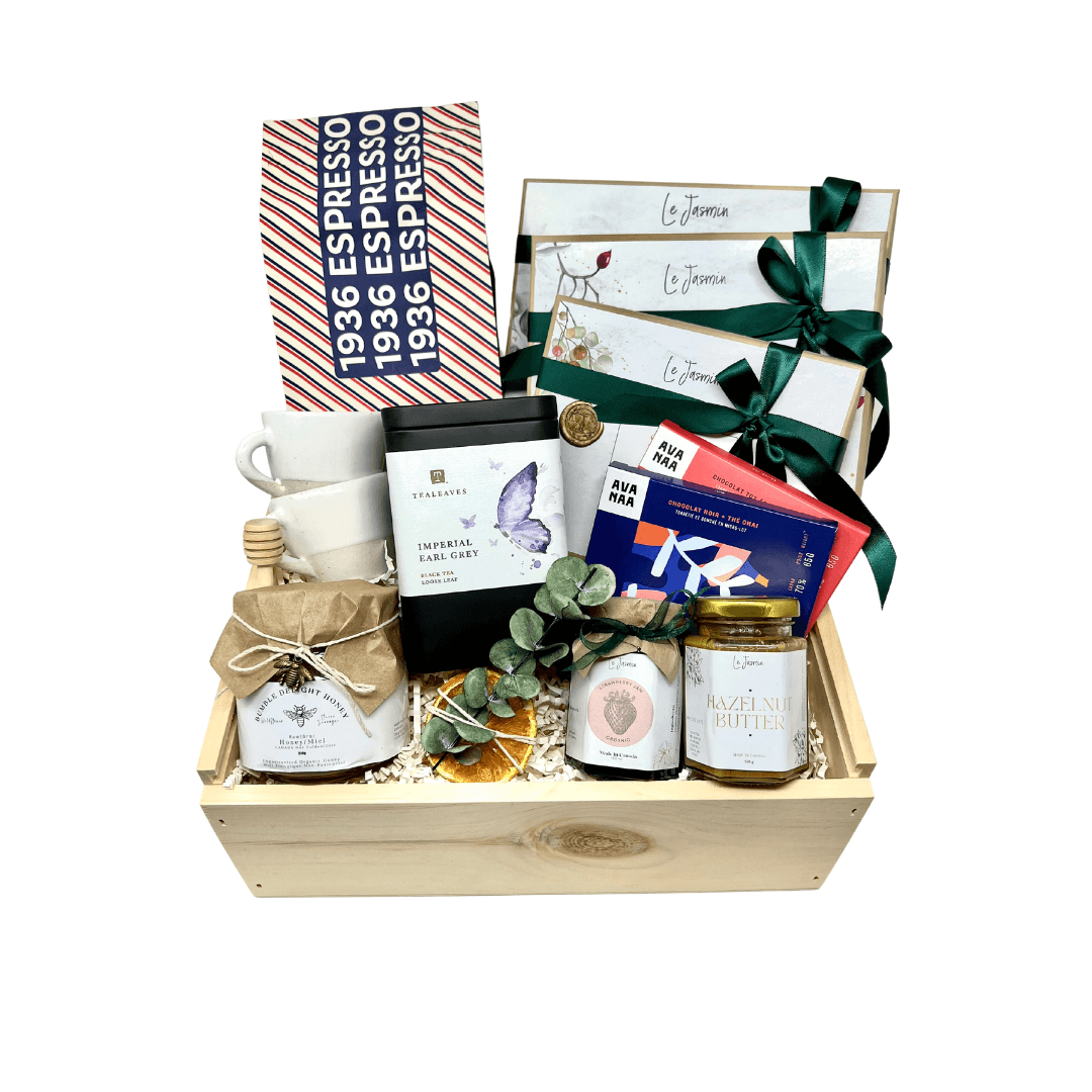 Luxury Gift Basket with Coffee Espresso Cups Sable Cookies Organic Jam Organic Honey