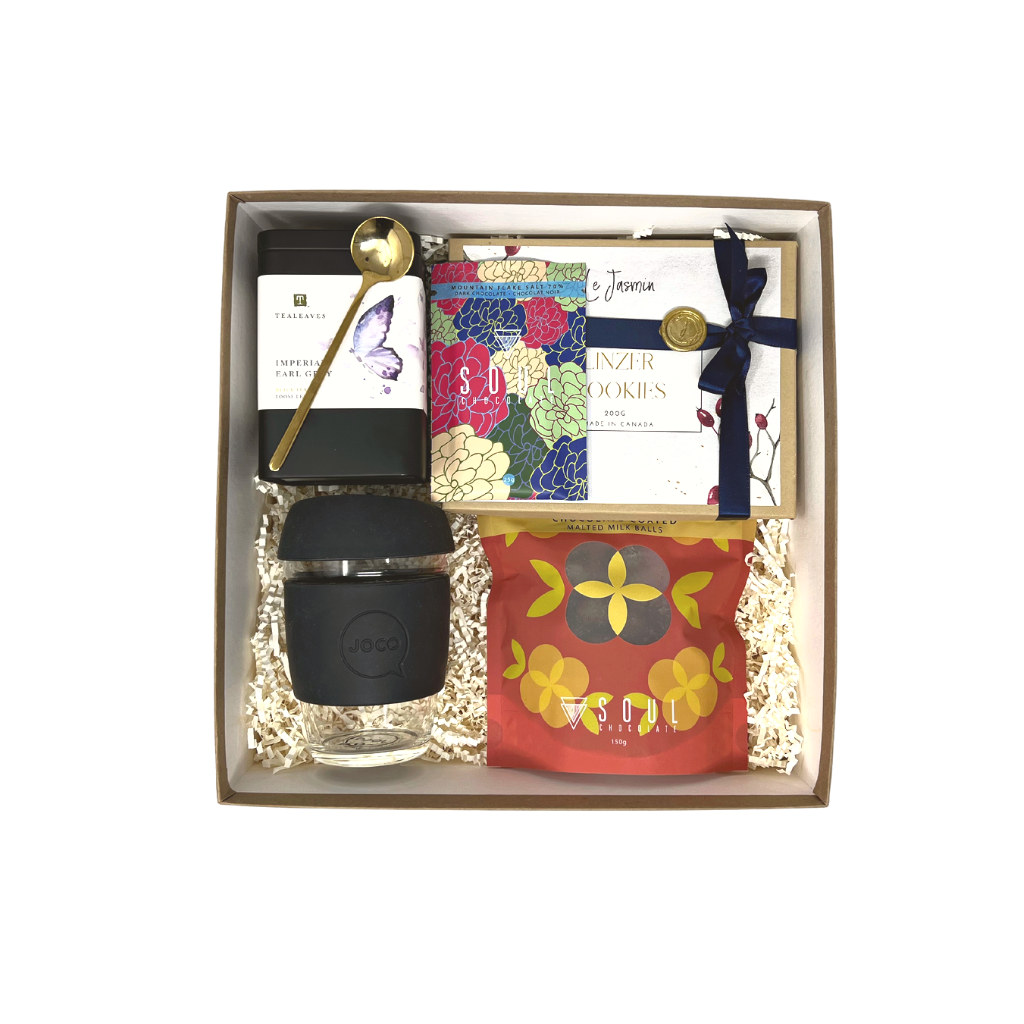 Sweets and tea premium gift box containing luxurious tea and chocolate from small canadian businesses
