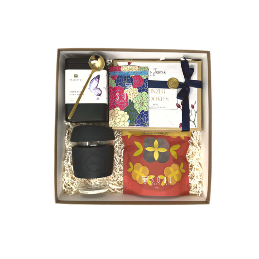 Sweets and tea premium gift box containing luxurious tea and chocolate from small canadian businesses