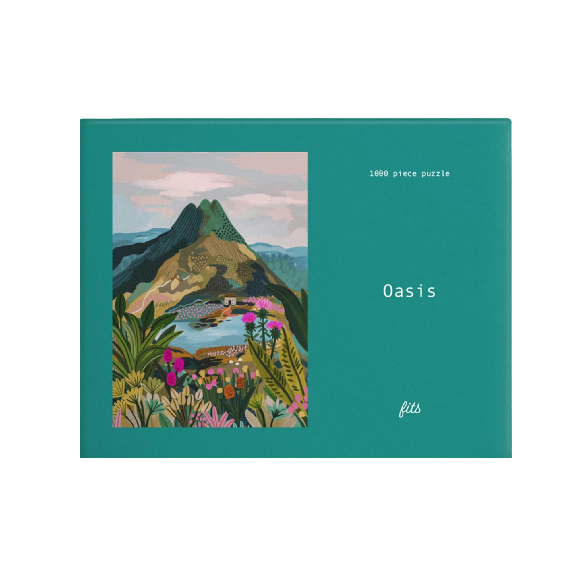 Box of a 1000-piece puzzle titled 'Oasis' featuring an illustration of a lush landscape with vibrant flowers, greenery, and a serene body of water, set against a backdrop of mountains and a teal background