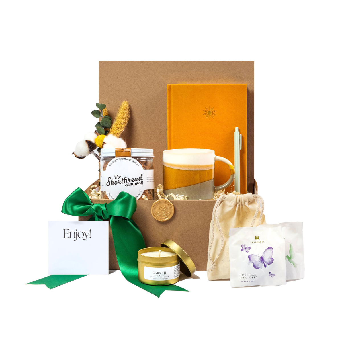 Digital detox gift box with biodegradable pen and cookies, journal and ceramic mug