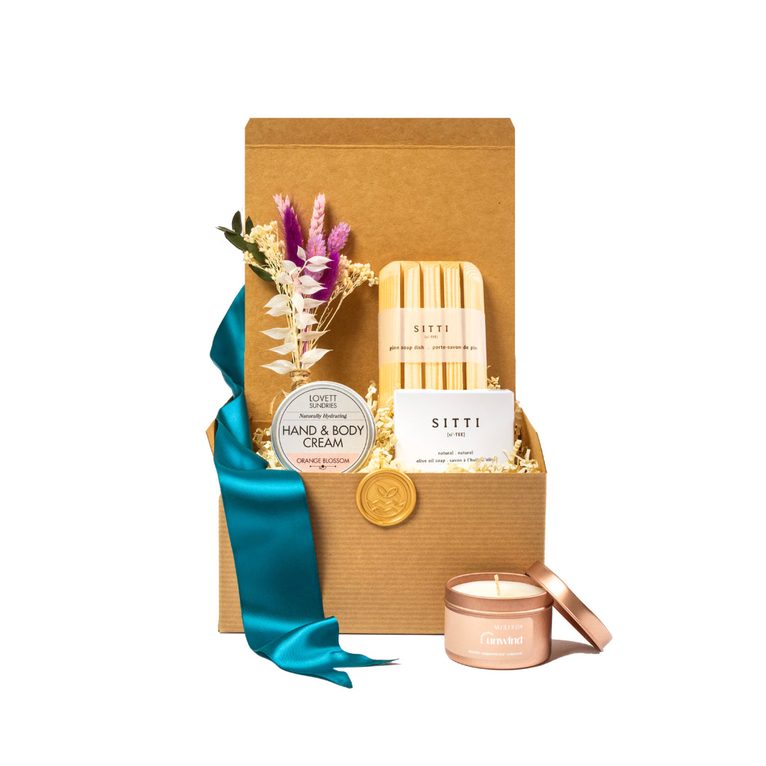 Artisanal gift basket with sitti soap and sitti dish soap, with hand and body cream and  luxury small batch candle 