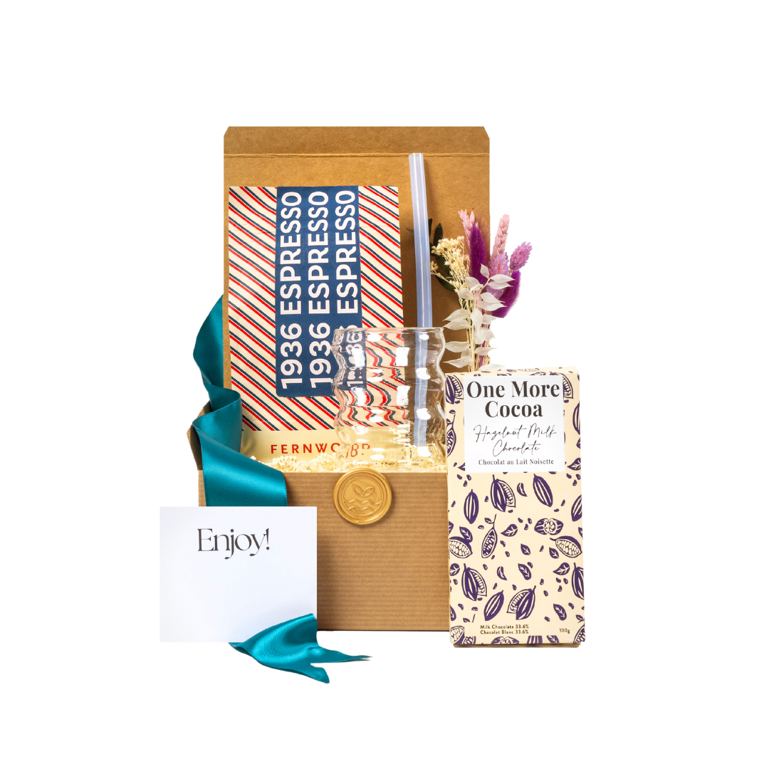 Premium Chocolate and coffee gift basket with glass cup and silicone straw