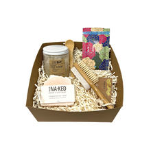 sustaunable gift box with salt scrub spoon chocolate soap and pumice stone all plastic free