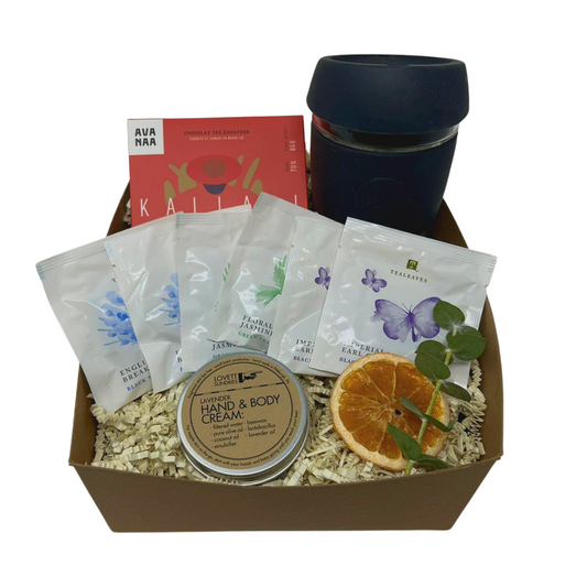 Elegant tea and chocolate gift box in sustainable packaging plastic free
