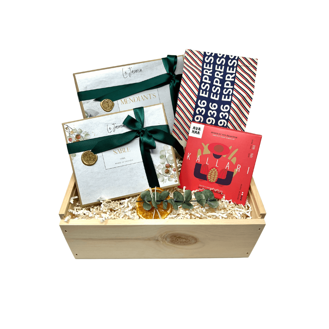 Gourmet coffee gift box with vegan dark chocolate , mendiants and chocolate sables