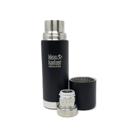 Klean Kanteen Insulated bottle TKPro Shale Black 160z open with its cap next to it