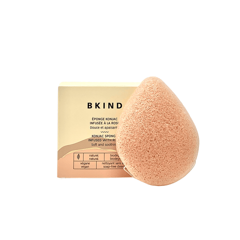 Konjac Facial Sponge Rosewater in front of  recyclable paper packaging