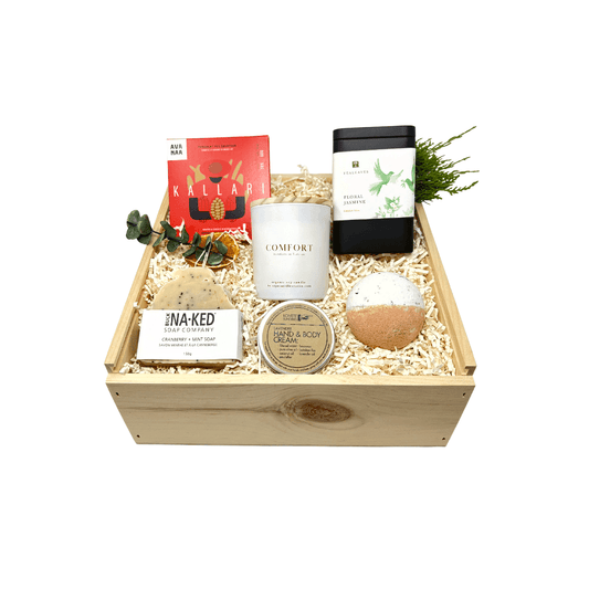 Me Time Gift Basket with Wood Box Filled with 100% Vegan Chocolate and Vegan Candle and Handcrafted Luxury Soap and Hand Cream