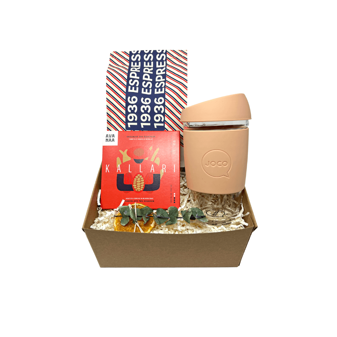 Coffee Boost Working MOms with premium coffee dark chocolate and joco cup in plastic free packaging