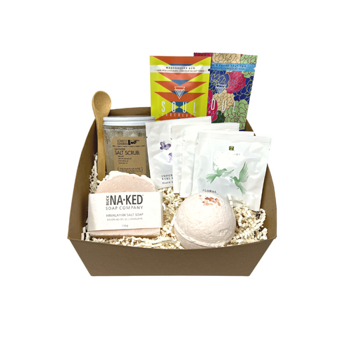 premium energizing gift box with tea salt scrub and chocolates