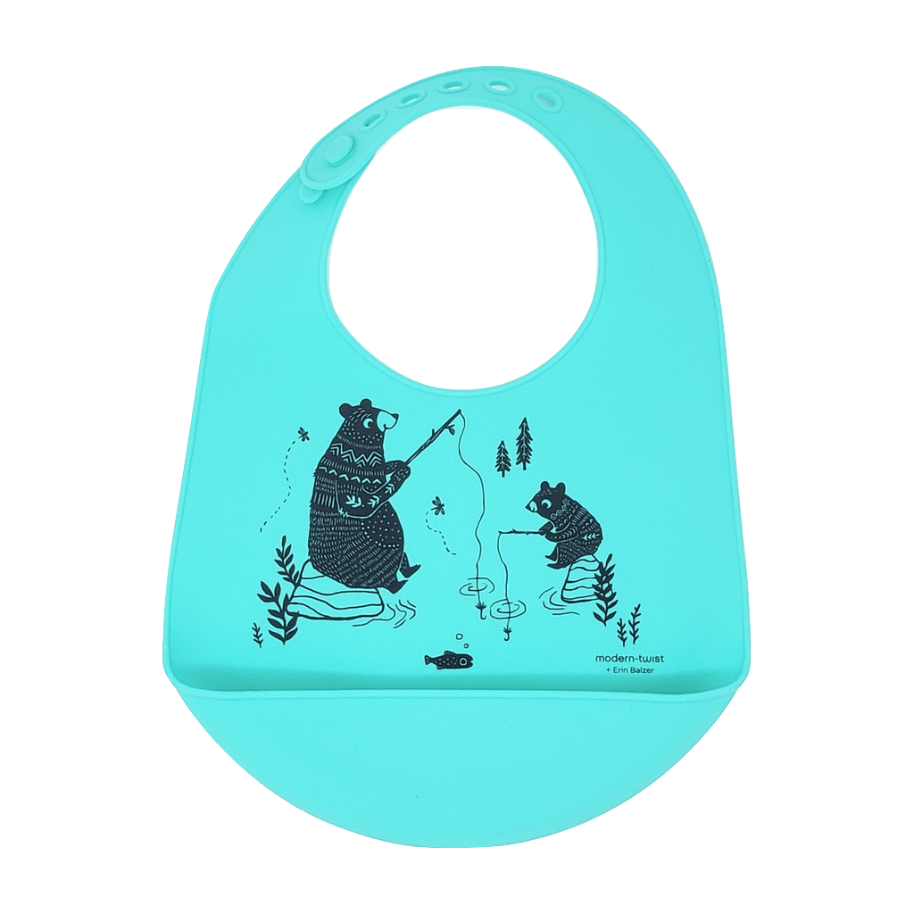 Silicone Bucket Bib  Bear Family in a fun blue