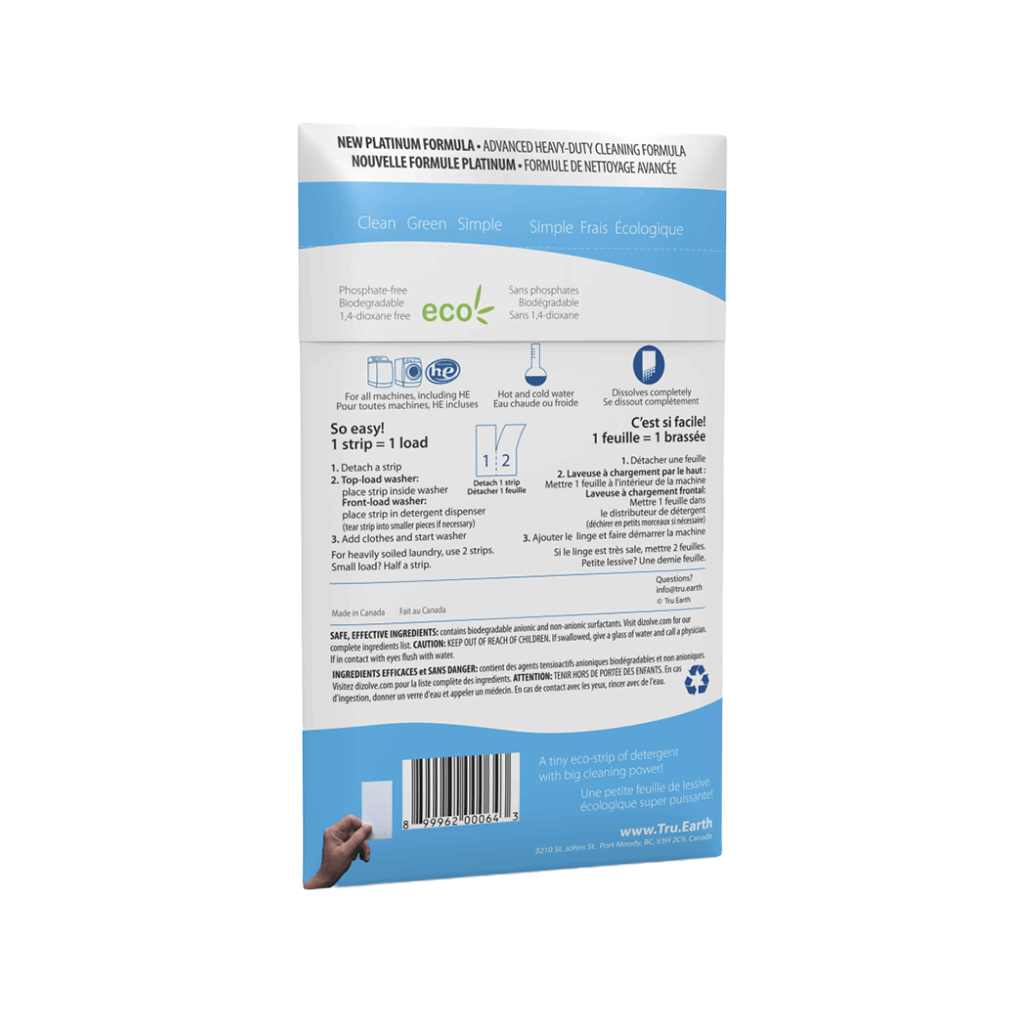 TRU EARTH LAUNDRY DETERGENT ECO STRIPS (Platinum)- 64 strip pack back