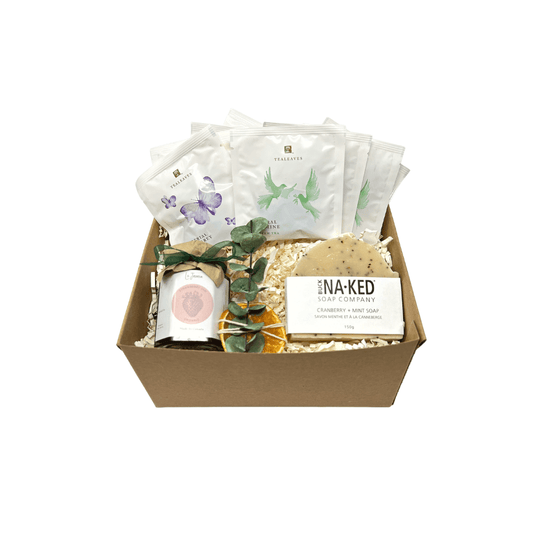 Sustainable Gift Basket with Tealeaves Tea bags and Artisan Soap and Organic Strawberry Jam