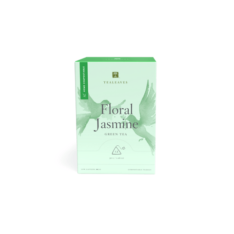 Tealeaves Floral Jasmin Green Tea in compostable tea bags and recyclable packaging
