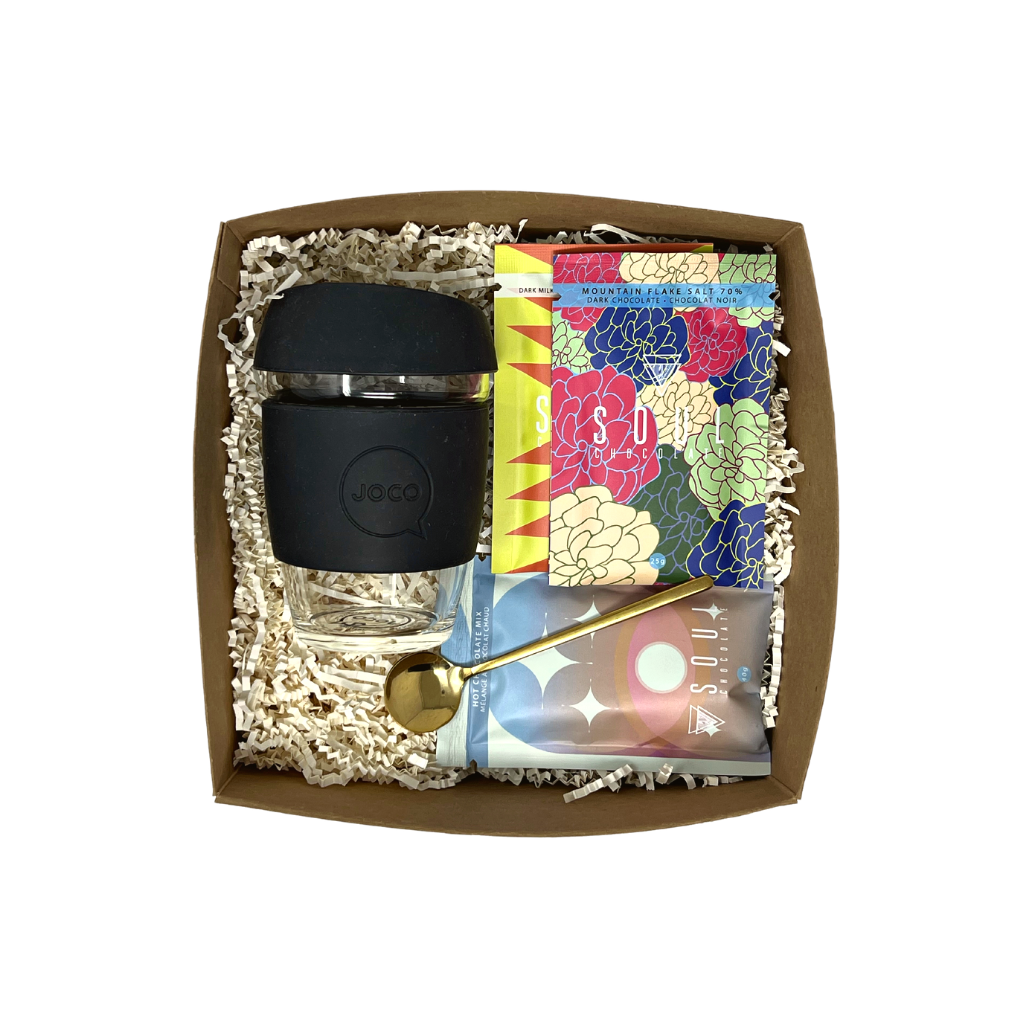 working from home car package with chocolate, hot chocolate and reusable cup