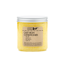 Vegan Cast Iron conditioner in glass container with tin lid front