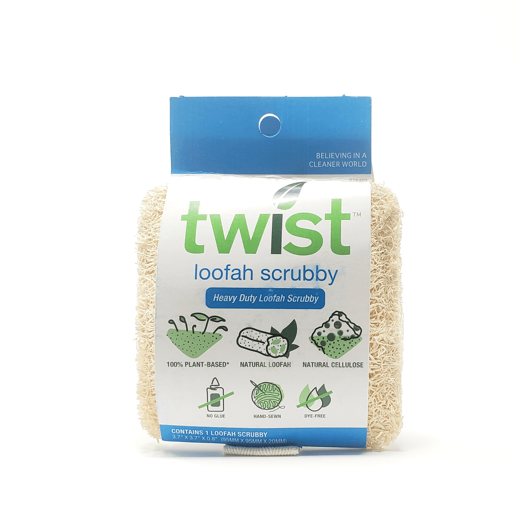 Twist Clean natural loofah dish scrubber in plastic free packaging front