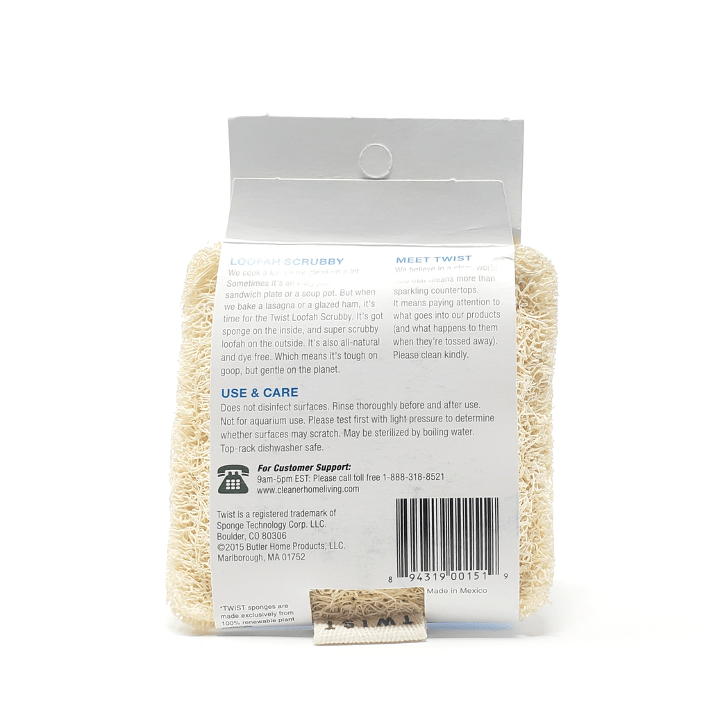 Twist Clean natural loofah dish scrubber in plastic free packaging back